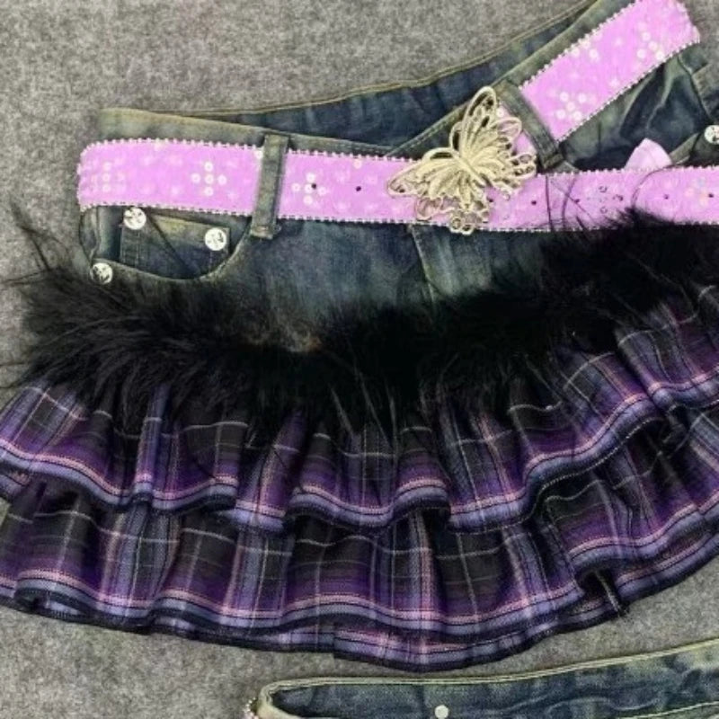 Scene Y2K Purple Plaid Patchwork Denim Mini Skirt with Ruffles and Butterfly Belt