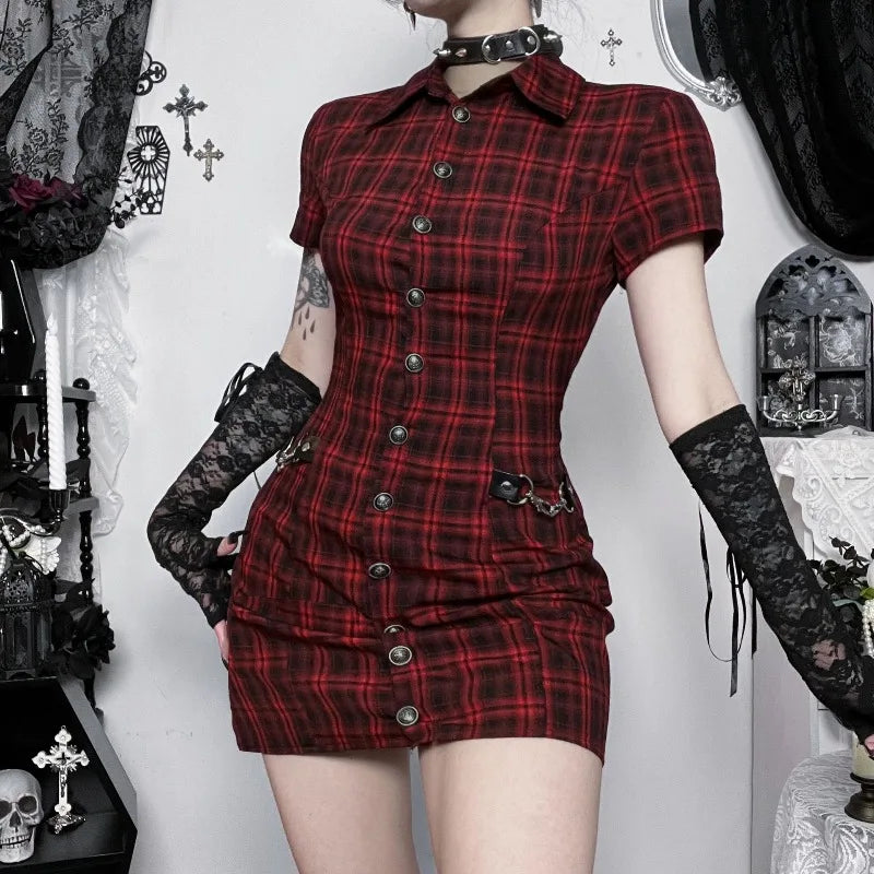 Scene Women's Red Plaid Gothic Mini Dress with Chain Details