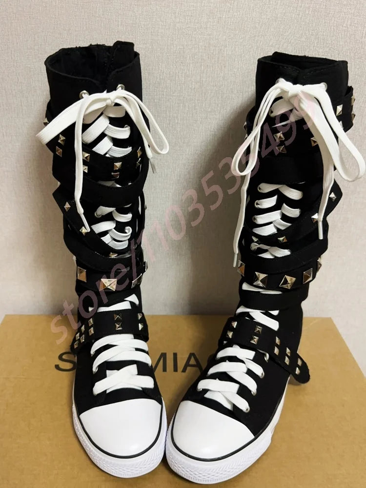 Scene Black Canvas Mid-Calf Lace-Up Boots with Studded Straps