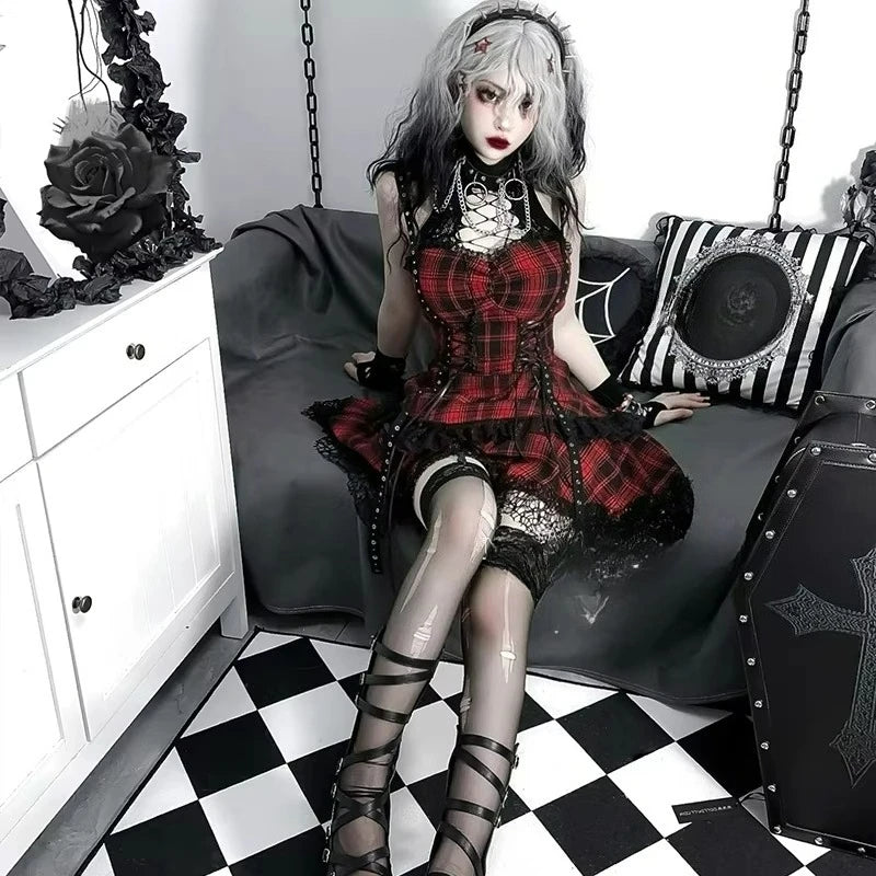 Scene Gothic Plaid Lace-Trim Mini Dress