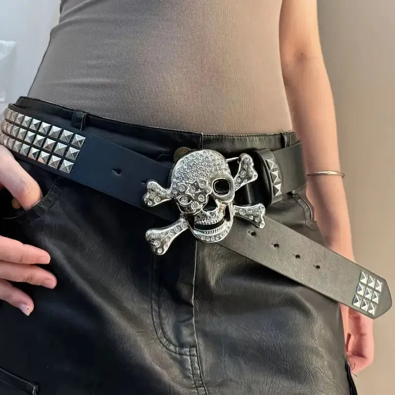 Scene Black Studded Rhinestone Skull Buckle Belt, 105cm