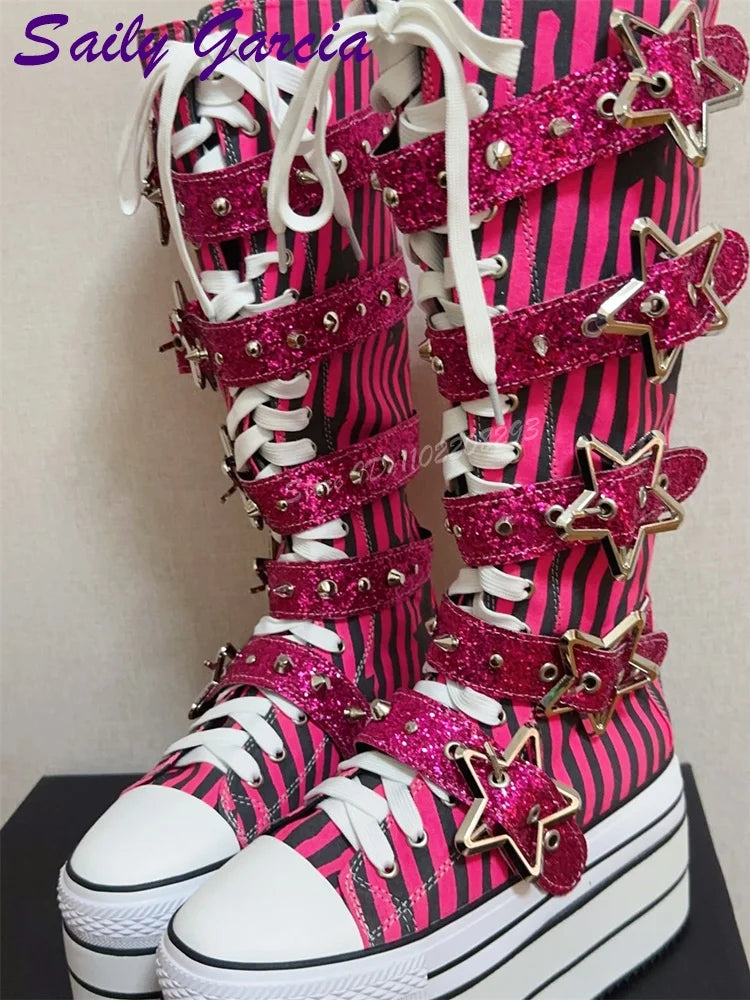 Scene Rose Red Striped Knee-High Platform Boots with Star Buckle Straps