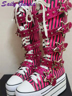 Scene Rose Red Striped Knee-High Platform Boots with Star Buckle Straps