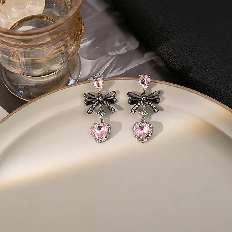 Scene Pink Rhinestone Bow and Heart Drop Earrings