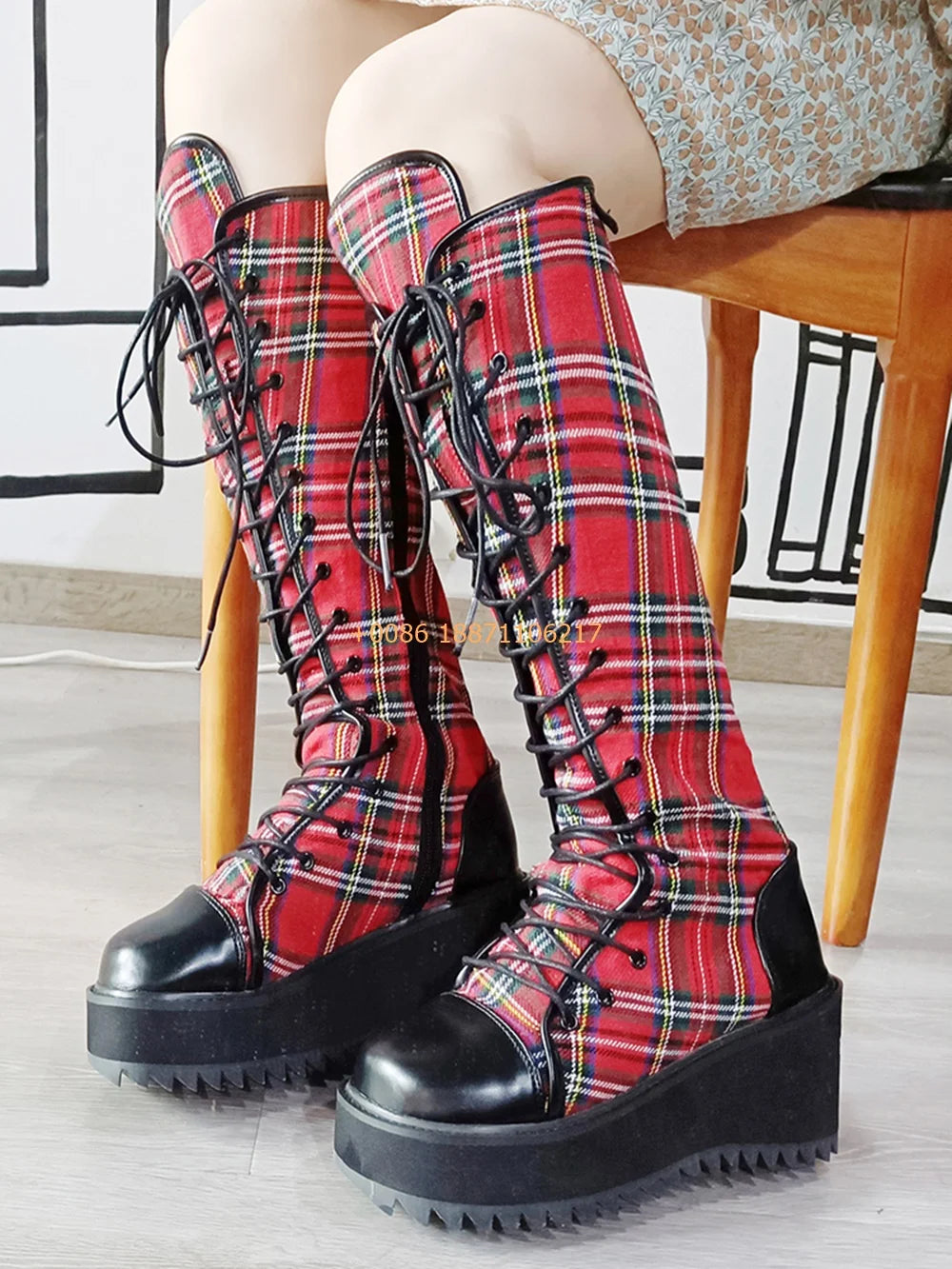 Scene Red Plaid Knee-High Lace-Up Platform Boots