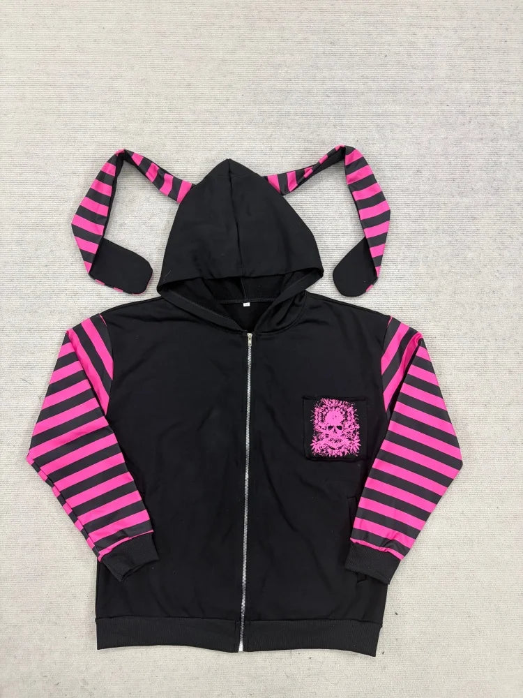 Scene Women's Black and Pink Skull Print Zip-Up Hoodie