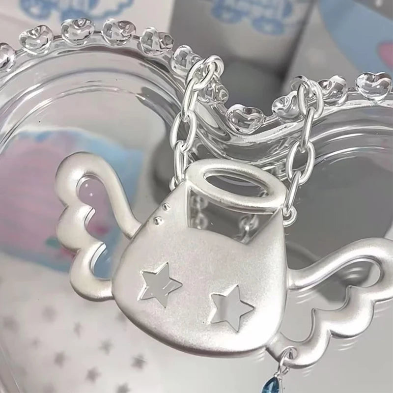 Scene Y2K Winged Cat Pendant Necklace with Blue Crystal-Like Charm