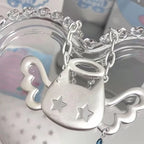Scene Y2K Winged Cat Pendant Necklace with Blue Crystal-Like Charm