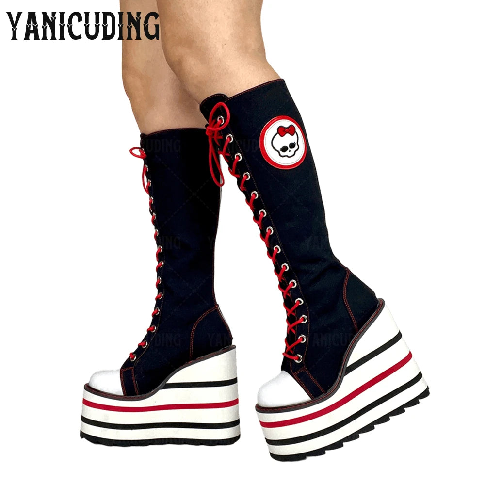 Scene Skeleton Embroidered Canvas Knee-High Wedge Platform Boots – Black with Red Laces