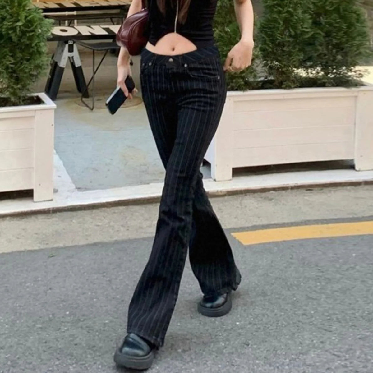 Scene Women’s Black Pinstripe Low-Rise Bootcut Jeans