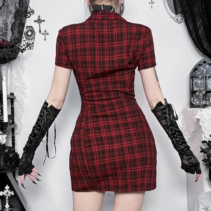 Scene Women's Red Plaid Gothic Mini Dress with Chain Details