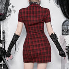Scene Women's Red Plaid Gothic Mini Dress with Chain Details