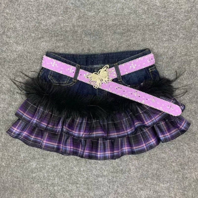 Scene Y2K Purple Plaid Patchwork Denim Mini Skirt with Ruffles and Butterfly Belt