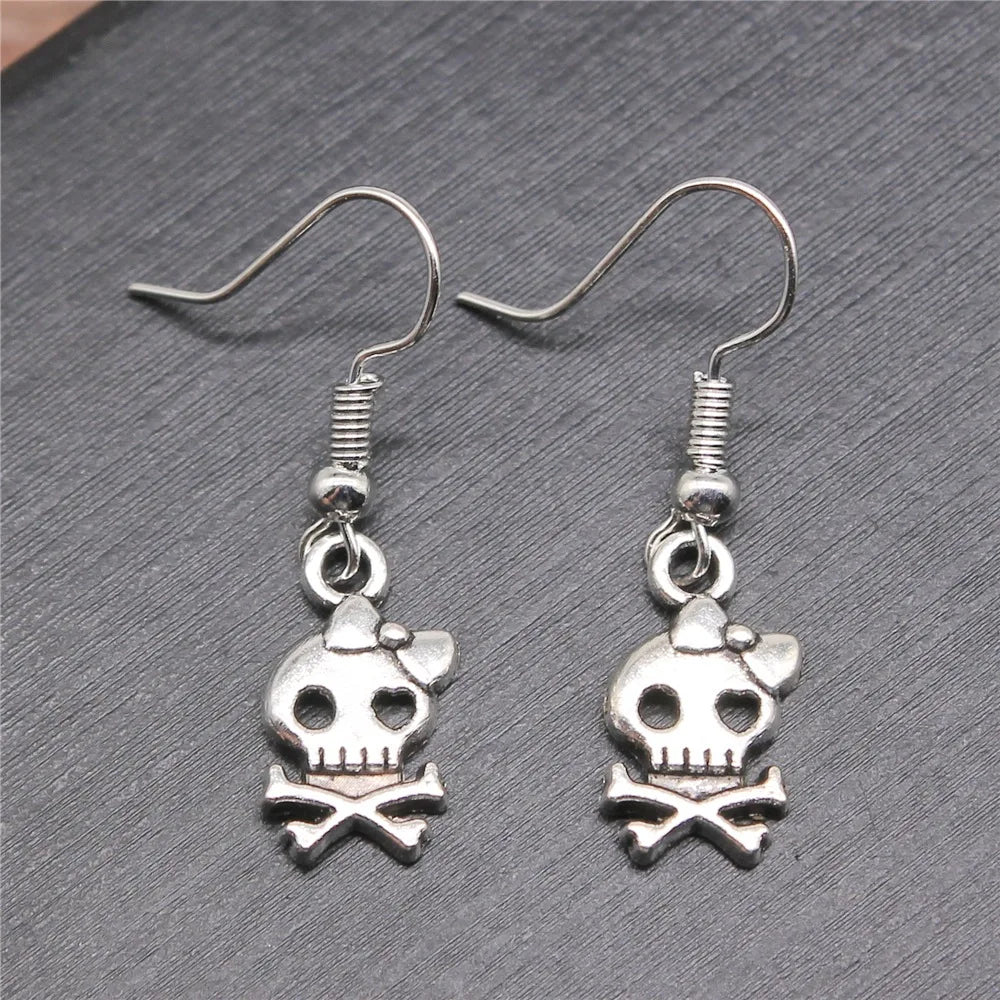 Scene Antique Silver Skull and Bow Drop Earrings