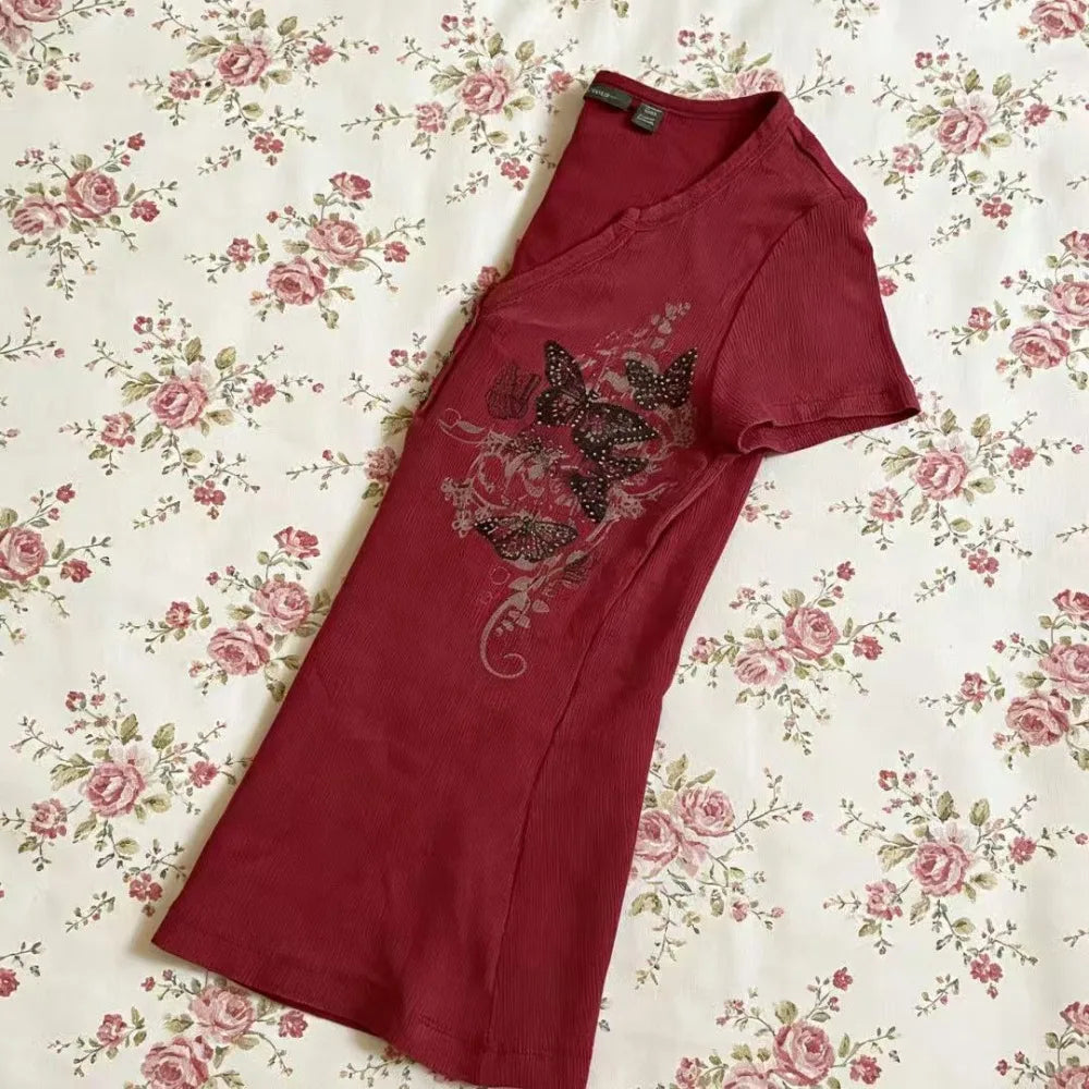 Scene Women's Red Butterfly Print Short-Sleeve T-Shirt