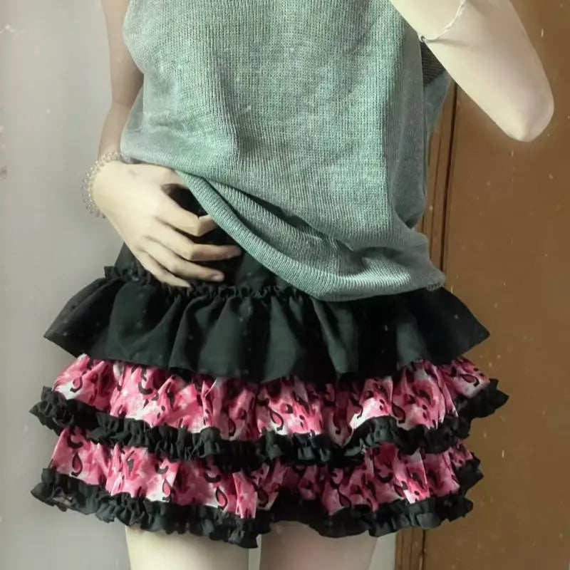 Scene Pink Leopard Print Layered Mini Skirt with Ruffle Trim