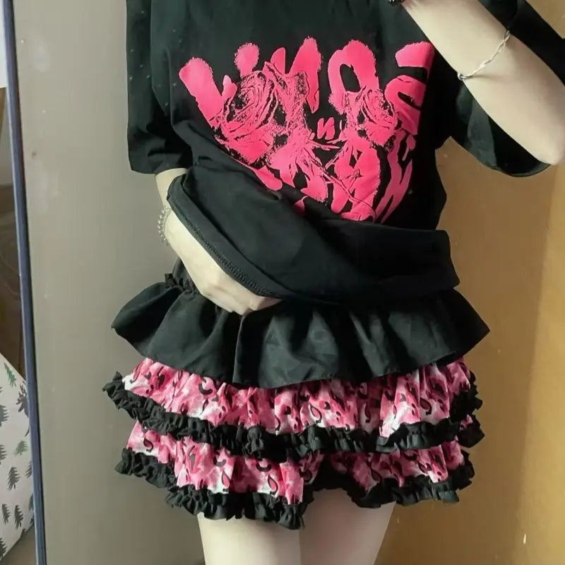 Scene Pink Leopard Print Layered Mini Skirt with Ruffle Trim