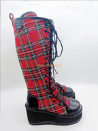 Scene Red Plaid Knee-High Lace-Up Platform Boots