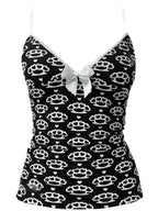 Scene Black Pattern Camisole Top with Lace Trim and Bow