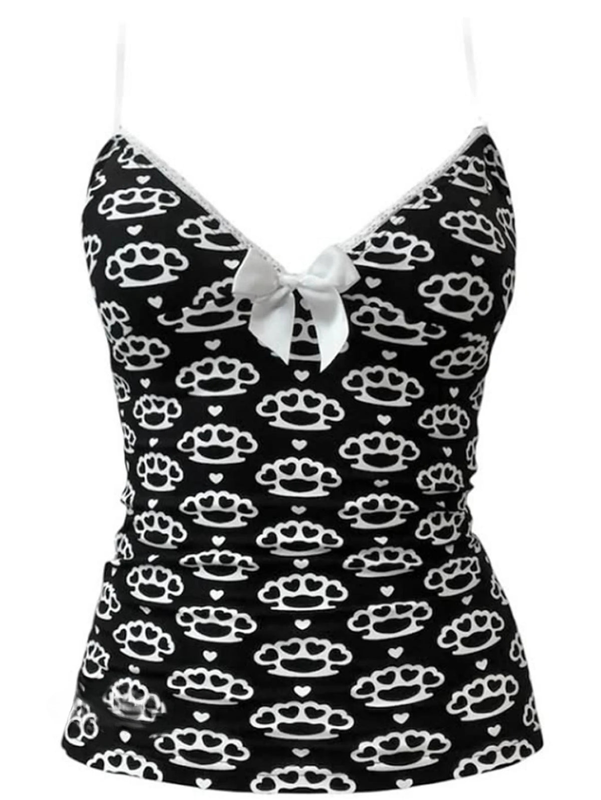Scene Black Pattern Camisole Top with Lace Trim and Bow