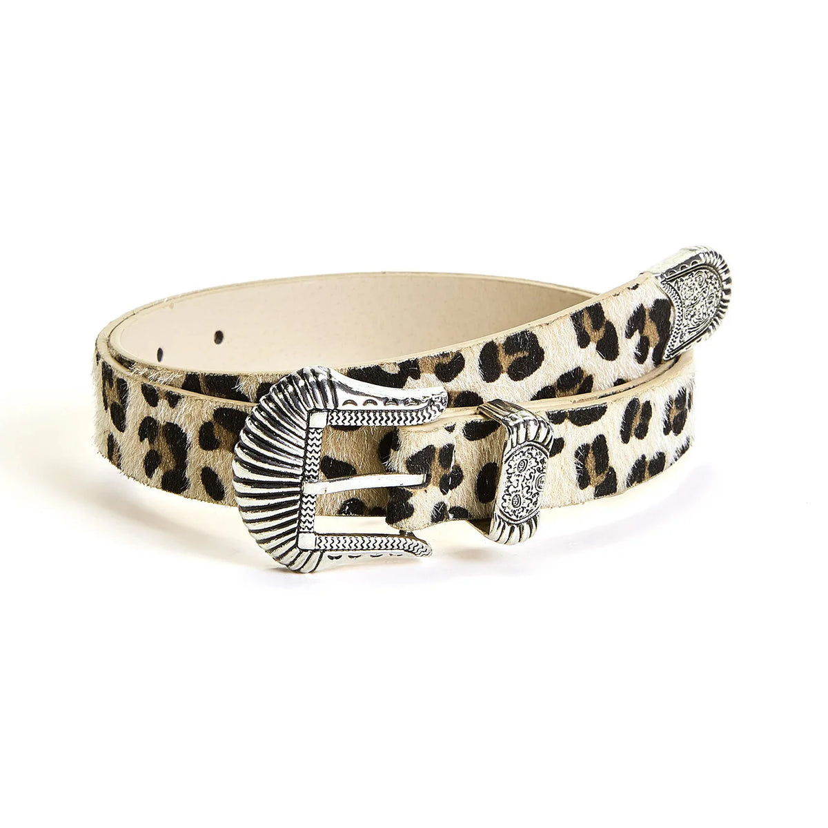 Scene Women's Leopard Print Belt with Ornate Silver-Tone Buckle