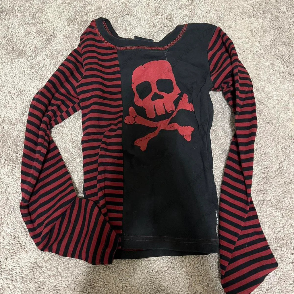 Scene Red and Black Striped Skull Long-Sleeve Top