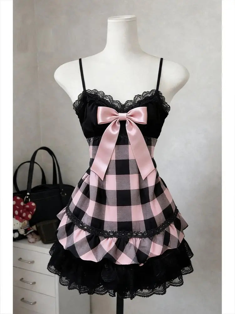 Scene Pink and Black Plaid Bow-Detail Lace-Trim Mini Dress