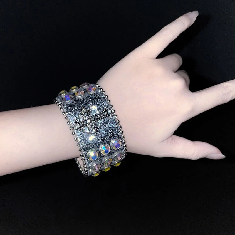 Scene Gothic Leather Crystal Cross Cuff Bracelet