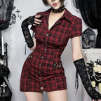Scene Women's Red Plaid Gothic Mini Dress with Chain Details