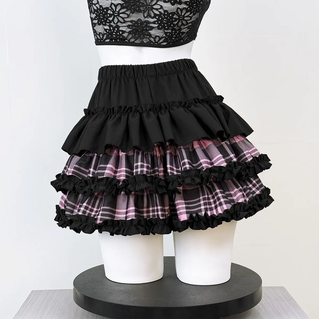 Scene Black and Pink Plaid Ruffle Layered Mini Skirt