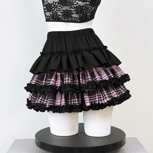 Scene Black and Pink Plaid Ruffle Layered Mini Skirt