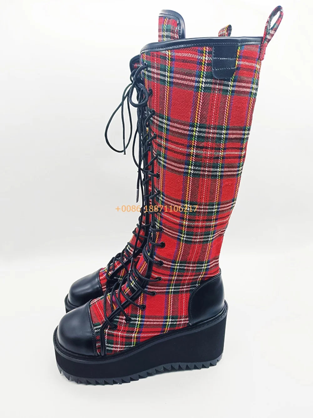 Scene Red Plaid Knee-High Lace-Up Platform Boots