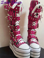 Scene Rose Red Striped Knee-High Platform Boots with Star Buckle Straps