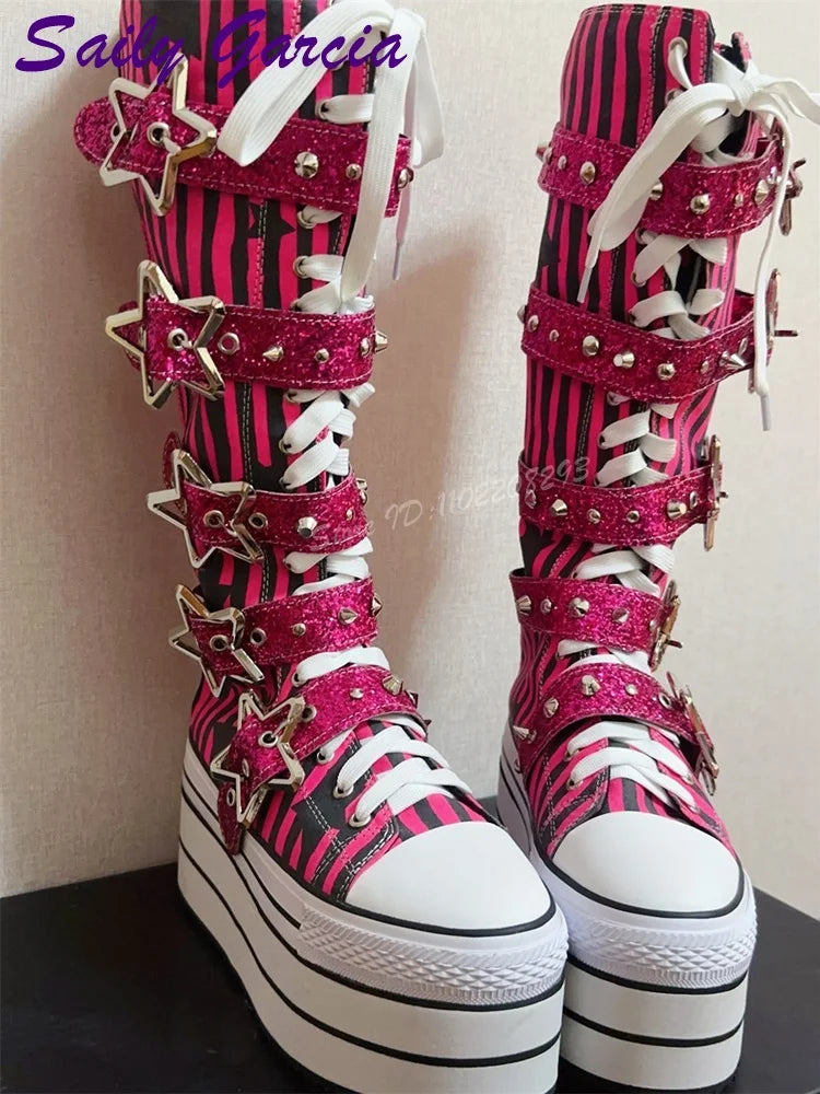 Scene Rose Red Striped Knee-High Platform Boots with Star Buckle Straps