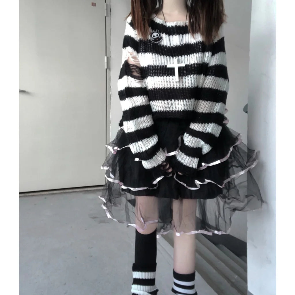 Scene Striped Distressed Knit Pullover Sweater