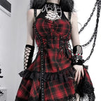 Scene Gothic Plaid Lace-Trim Mini Dress