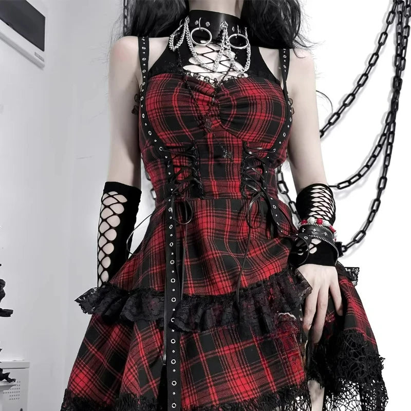 Scene Gothic Plaid Lace-Trim Mini Dress