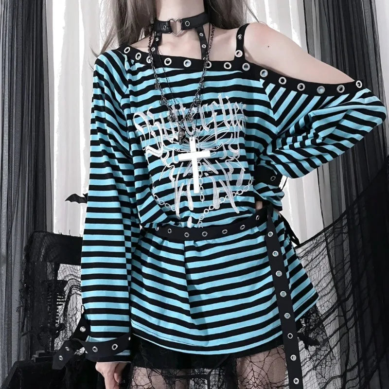 Scene Striped Graphic Long-Sleeve Top with Grommet Details