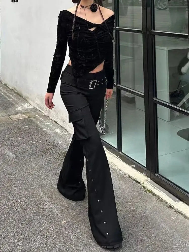 Scene Black Low-Waisted Flared Pants with Rivet Details