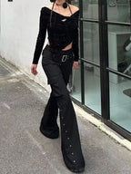 Scene Black Low-Waisted Flared Pants with Rivet Details