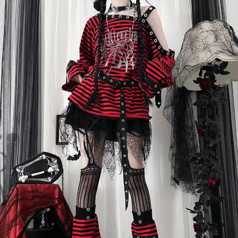 Scene Striped Graphic Long-Sleeve Top with Grommet Details
