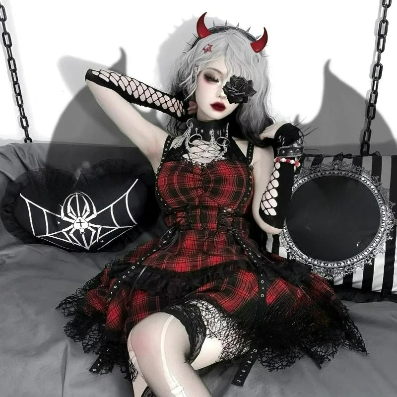 Scene Gothic Plaid Lace-Trim Mini Dress