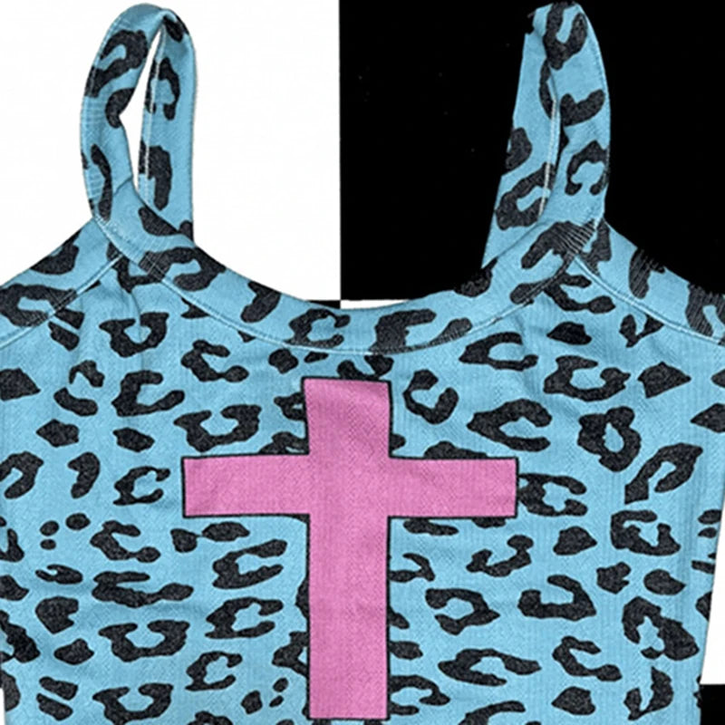 Scene Blue Leopard Print Camisole with Pink Cross