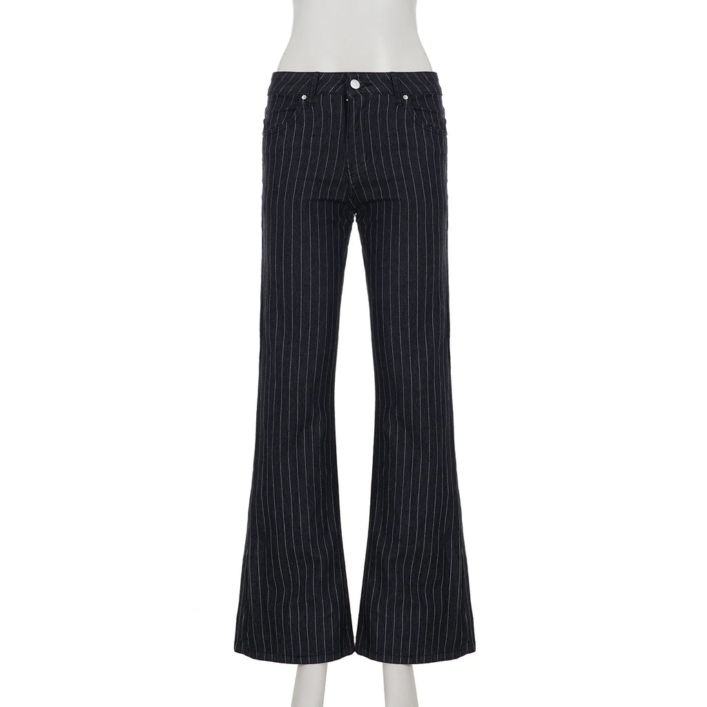 Scene Women’s Black Pinstripe Low-Rise Bootcut Jeans