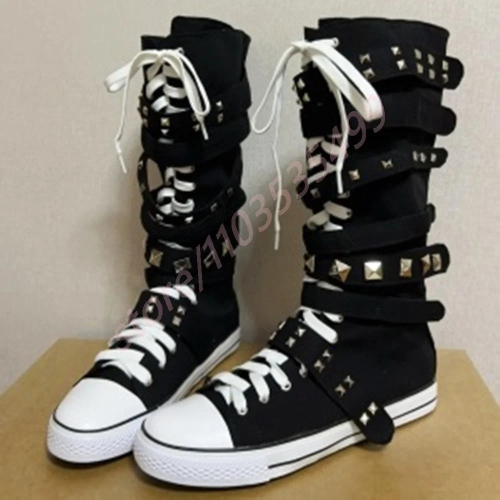Scene Black Canvas Mid-Calf Lace-Up Boots with Studded Straps