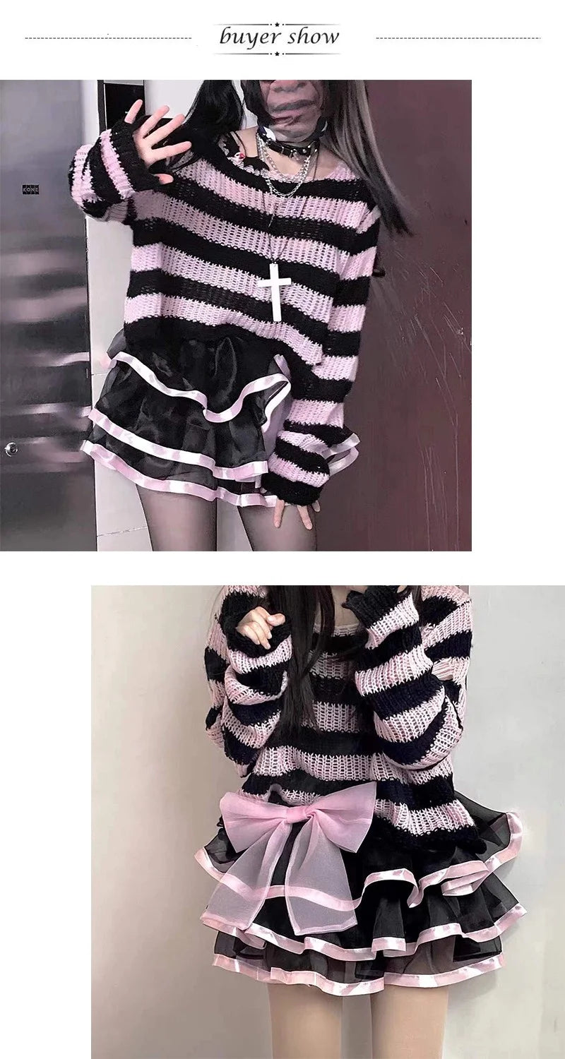 Scene Striped Distressed Knit Pullover Sweater