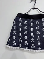 Scene Black Skull Print Mini Skirt with Lace Trim