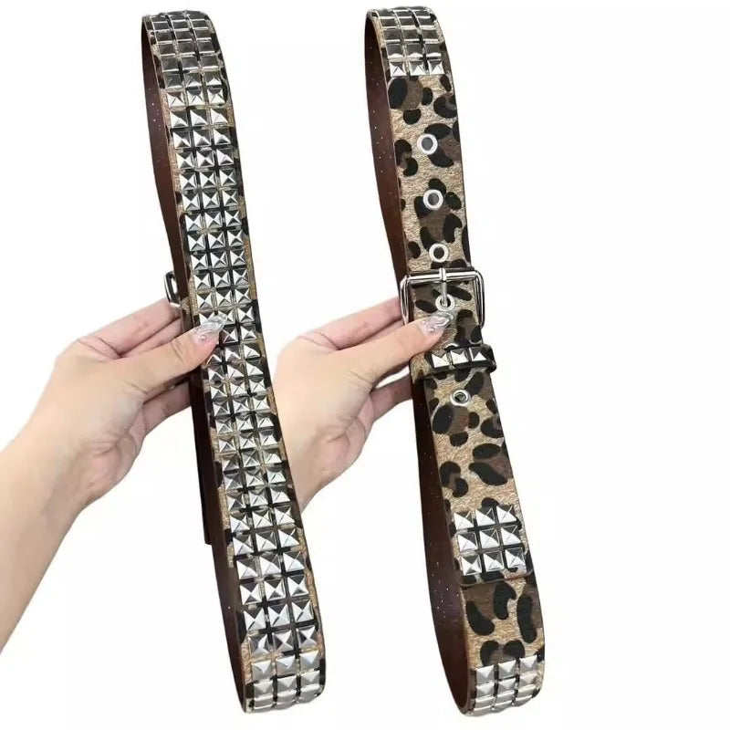 Scene Studded PU Belt with Pyramid Rivets and Metal Buckle
