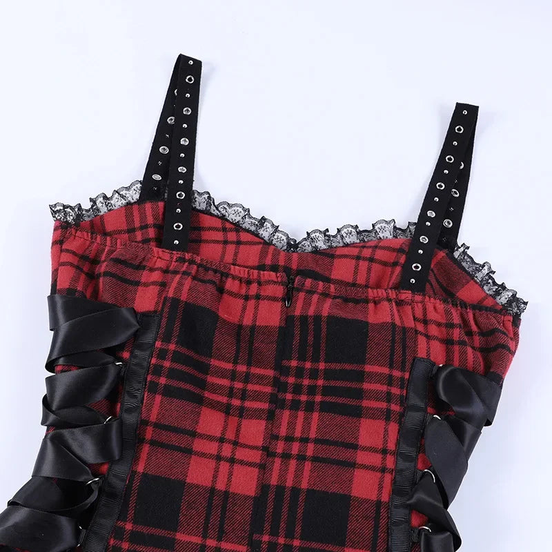 Women's Scene Red and Black Plaid Lace-Up Mini Dress
