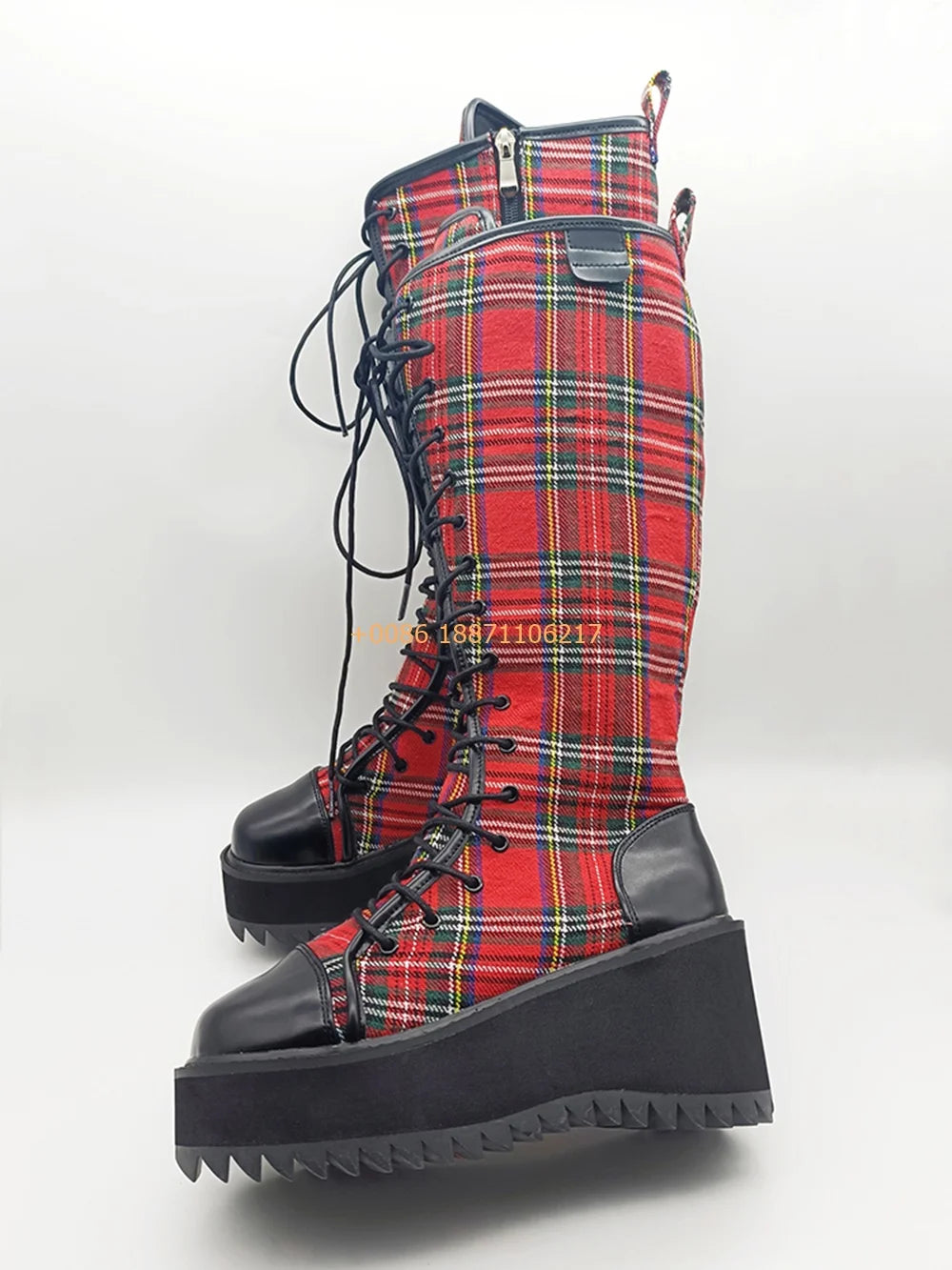 Scene Red Plaid Knee-High Lace-Up Platform Boots